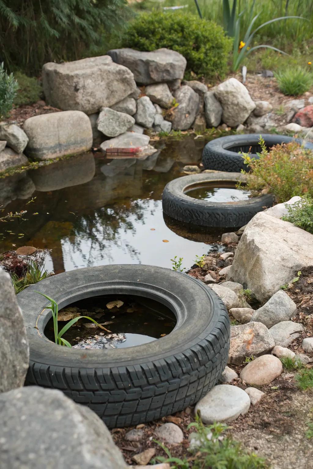 A tire water feature with an organic rock framework, evoking the ambiance of a natural pond.