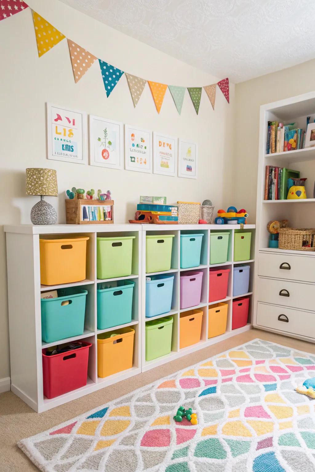 Creative storage keeps the room tidy and fun.