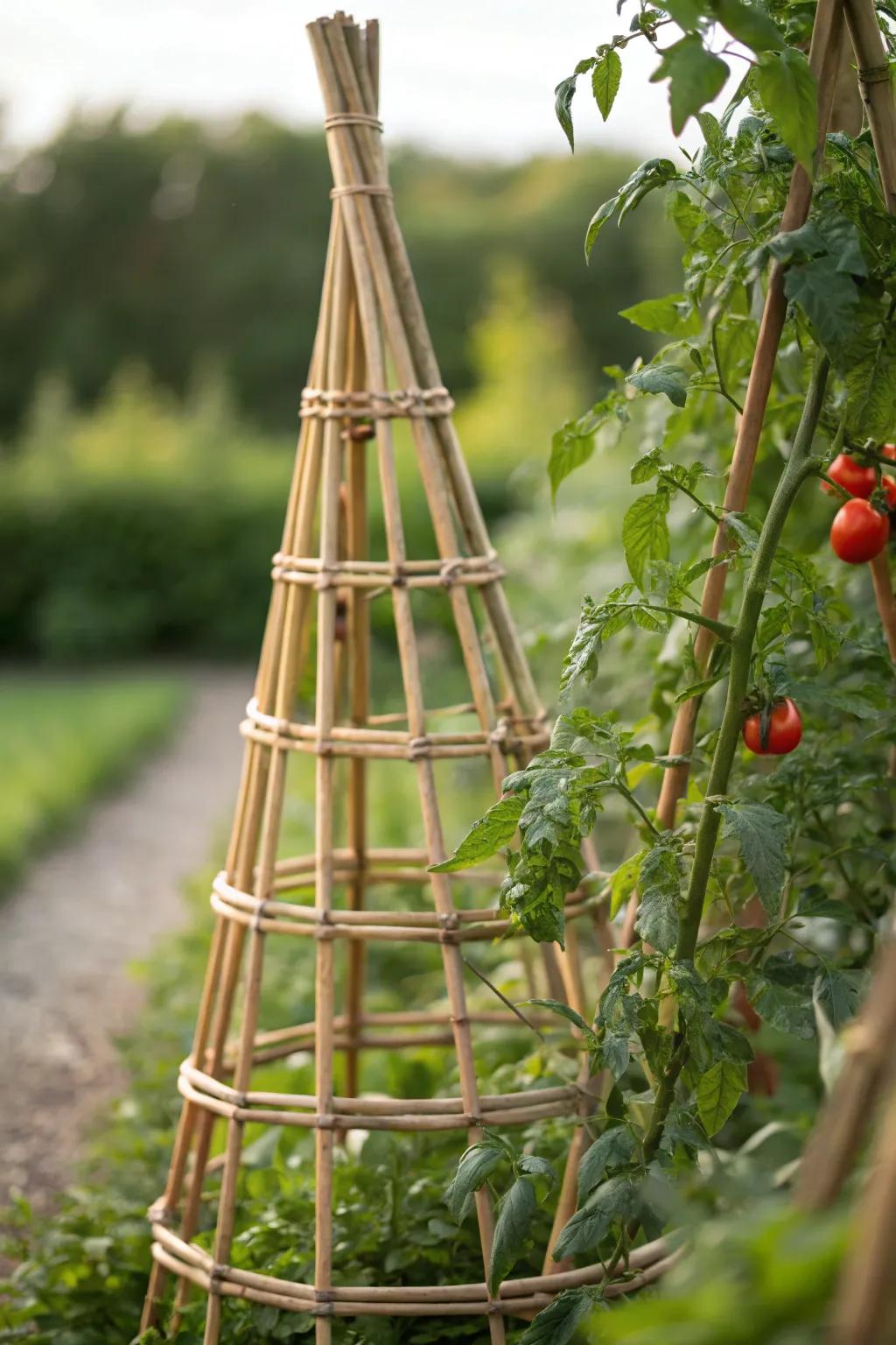 Elevate your garden's appeal with a striking conical bamboo frame, blending minimalist grace with inherent charm.