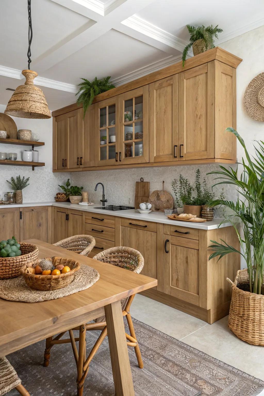 Unrefined wood finishes impart a sensation of warmth and an enduring allure to your kitchen.