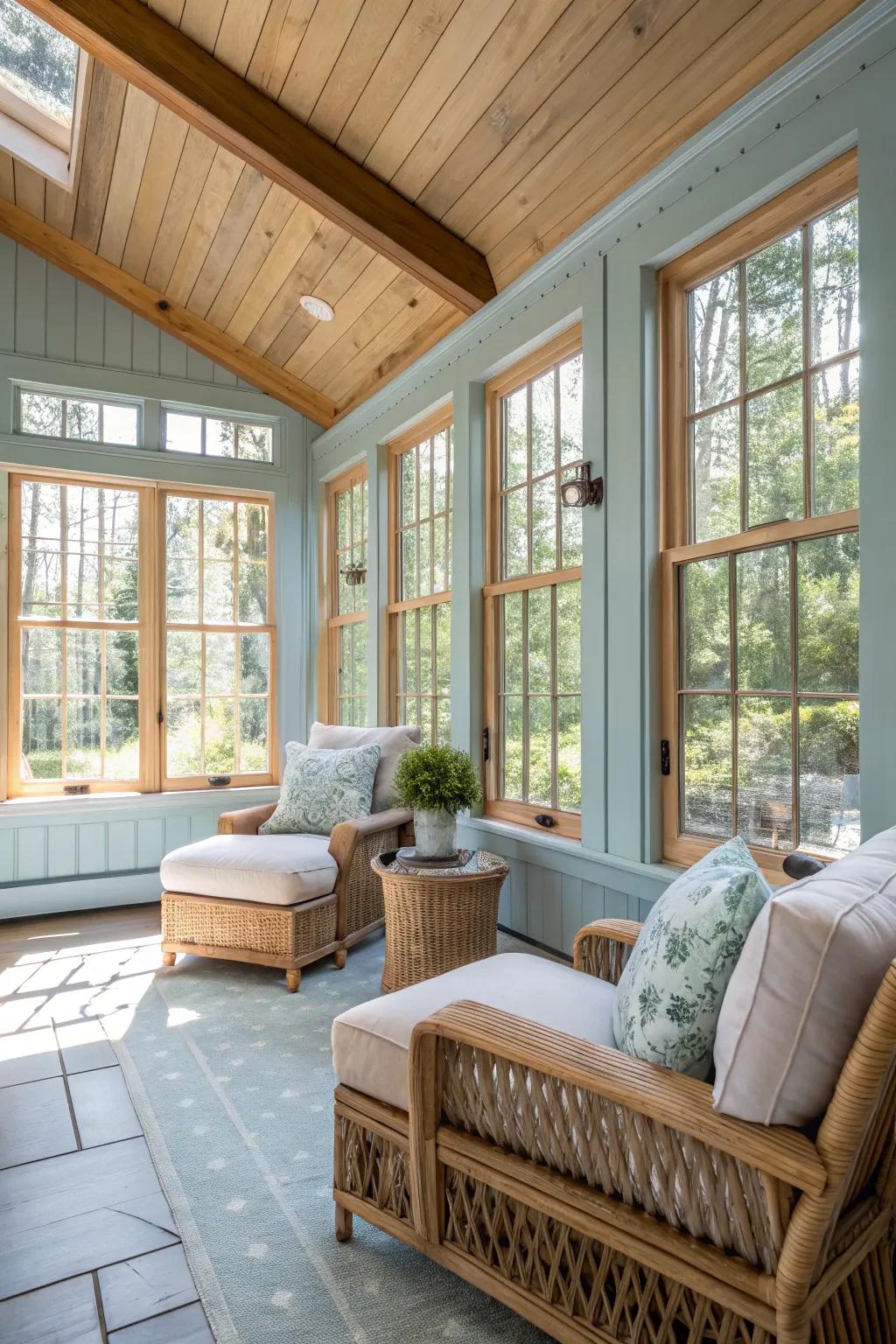 Light azure walls fostering a tranquil and inviting sunroom atmosphere.