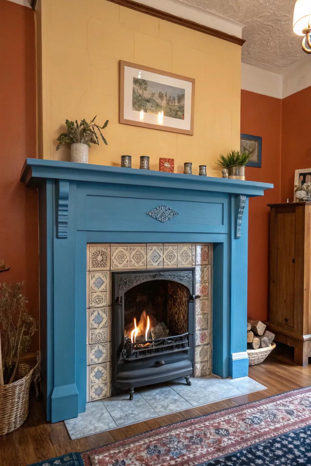 A serene azure mantelpiece contributes a striking contrast.