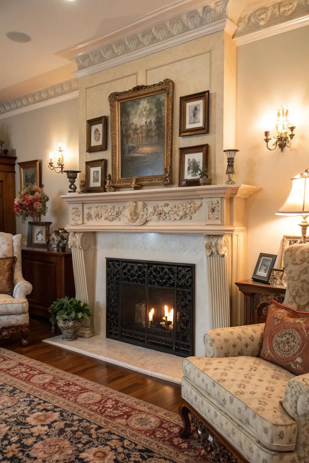 A detailed fireplace mantel acts as the key feature in this classic living room.