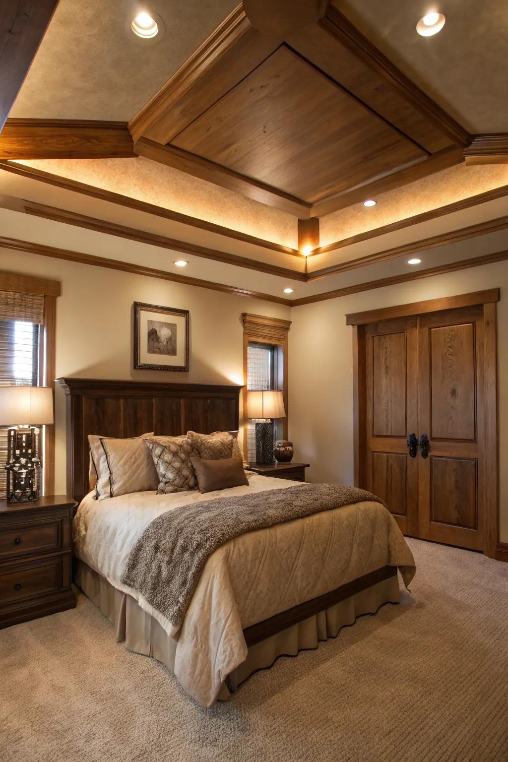 A restful boudoir showcases a tray ceiling complemented by timber highlights.