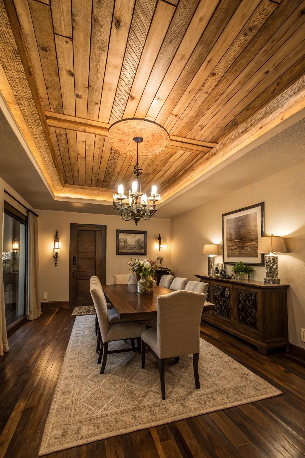 A dining area showcases comforting, inviting timber accents on the tray ceiling.