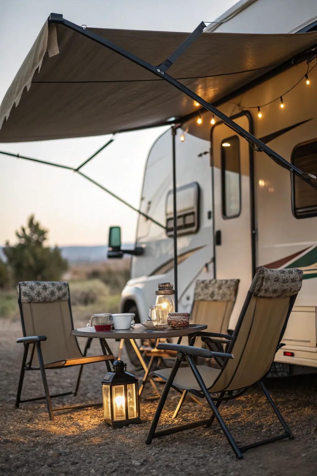 Portable furniture enhances the comfort beneath a camper awning.