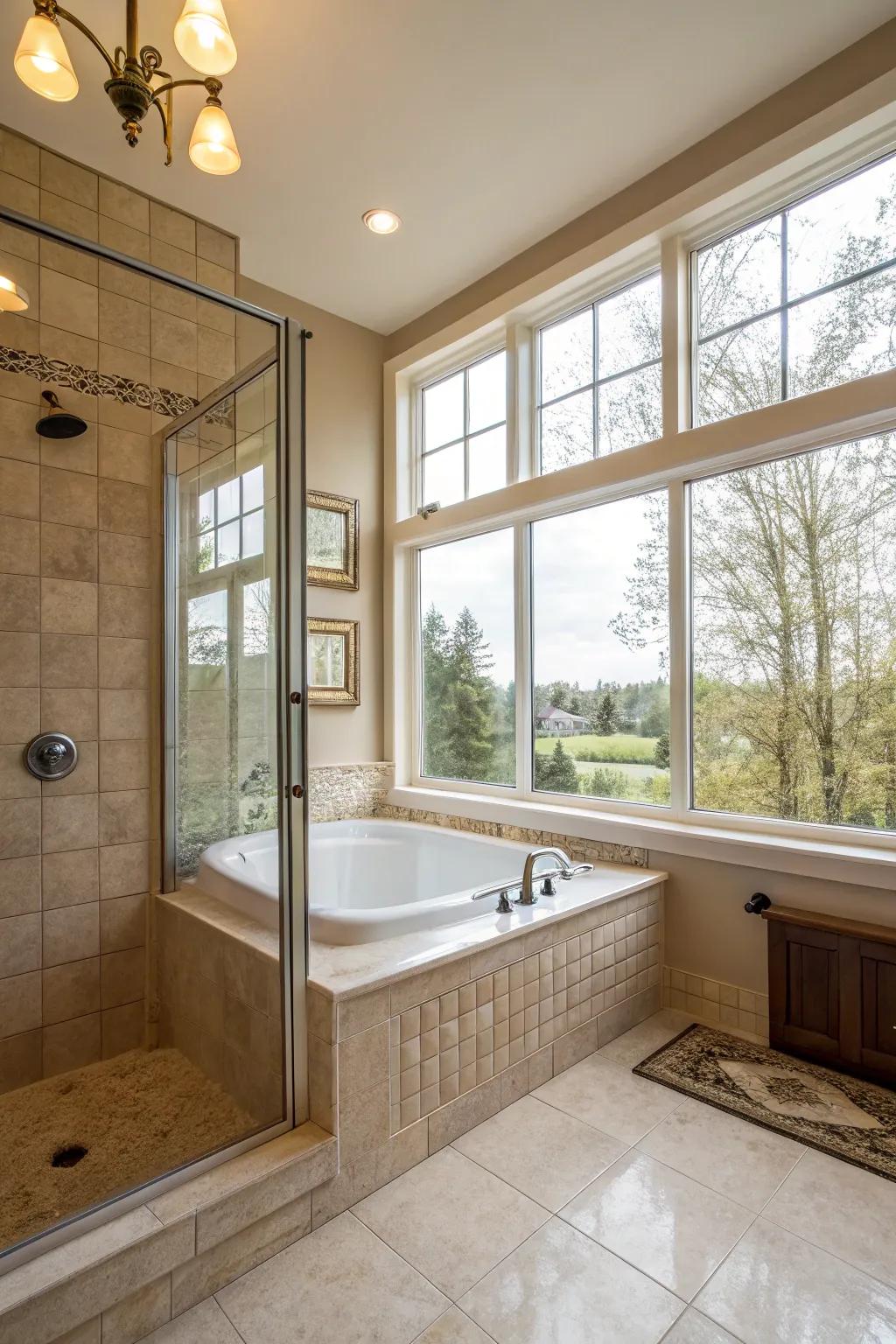 Streams of natural light flood into the tub-in-shower, developing an inviting and friendly atmosphere.