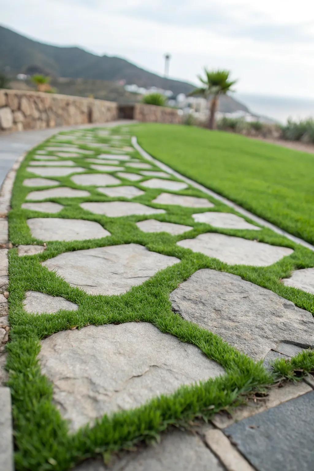 An endearing pathway showcasing synthetic lawn nestled between stones.
