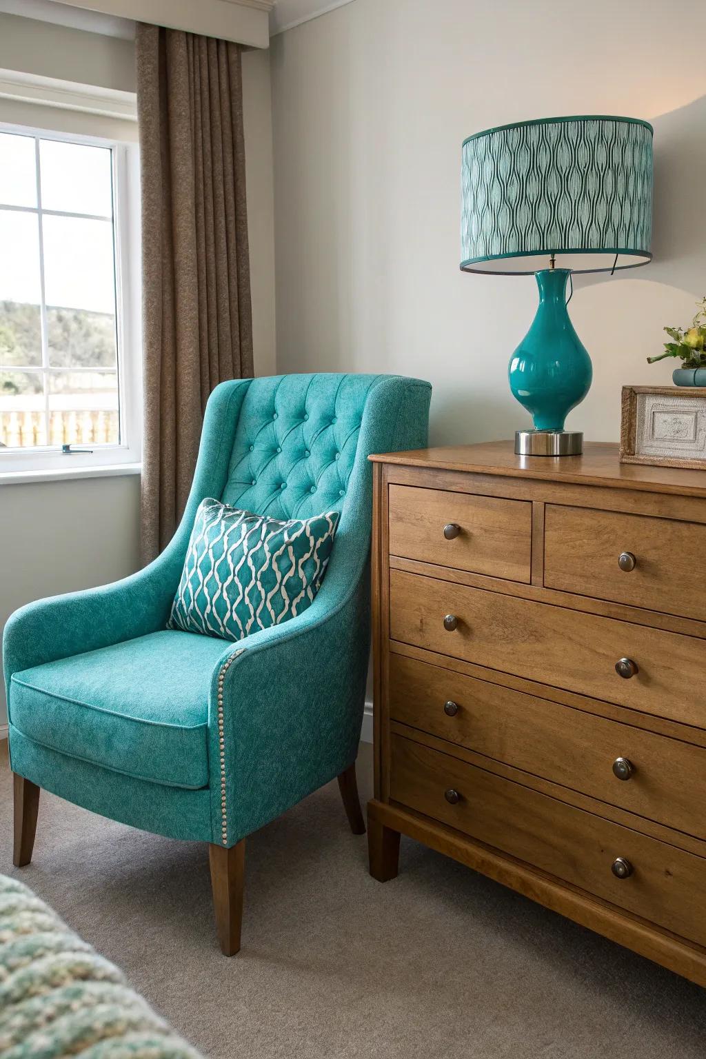 A teal chair introduces a dramatic high note to this stylish bedroom layout.