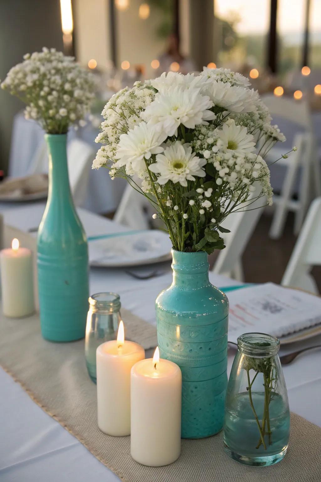 An azure centerpiece ascends to the focal point of your table's embellishments.