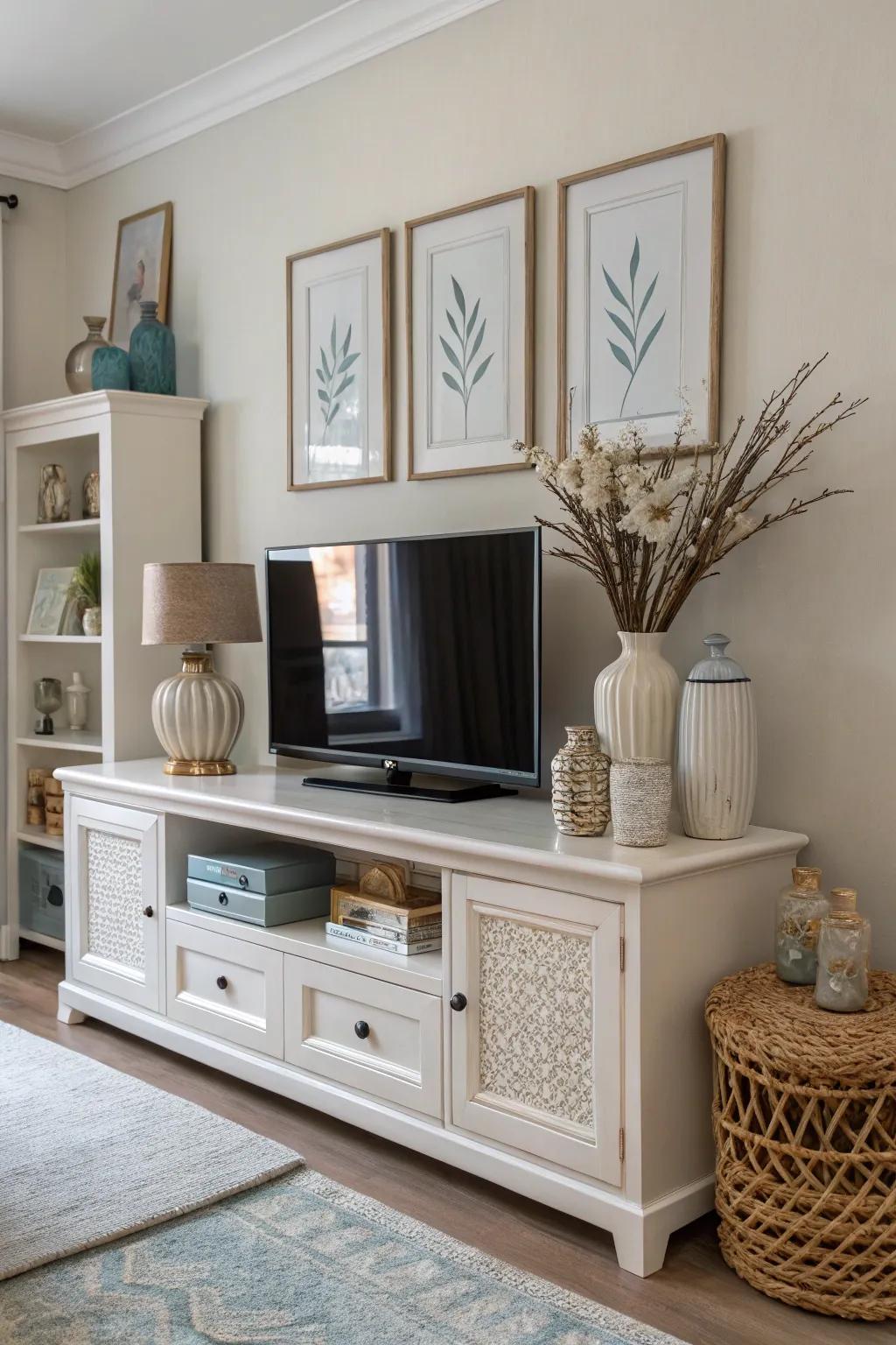 Coordinated colors showcased on a media console.