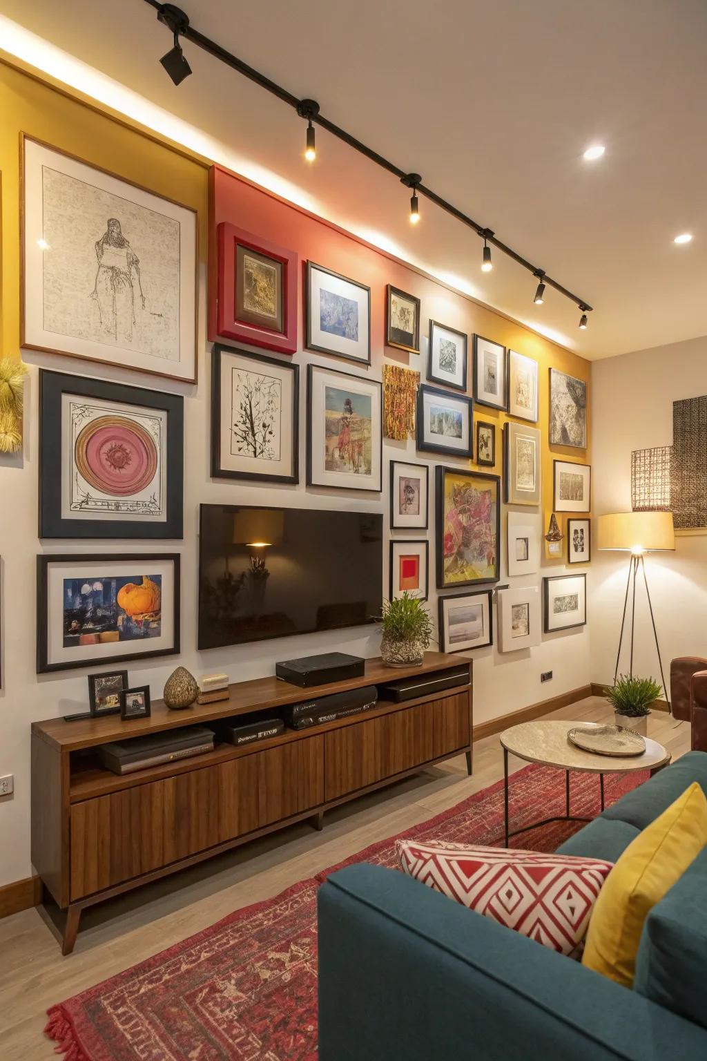 Distinct frames yield an engaging TV gallery wall.
