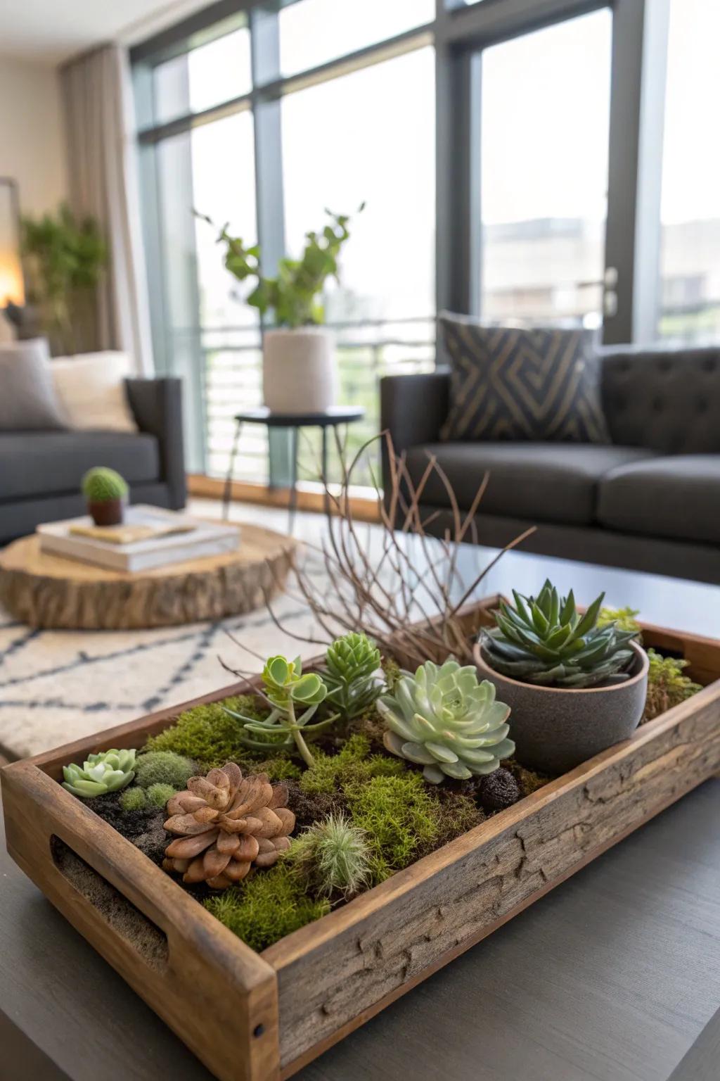 An eco-elegant configuration of branches and fat plants.
