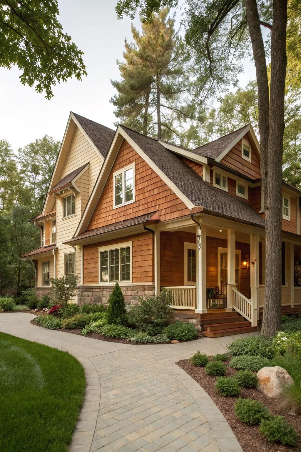 Cordial umber and cream create a welcoming, snug ambiance.