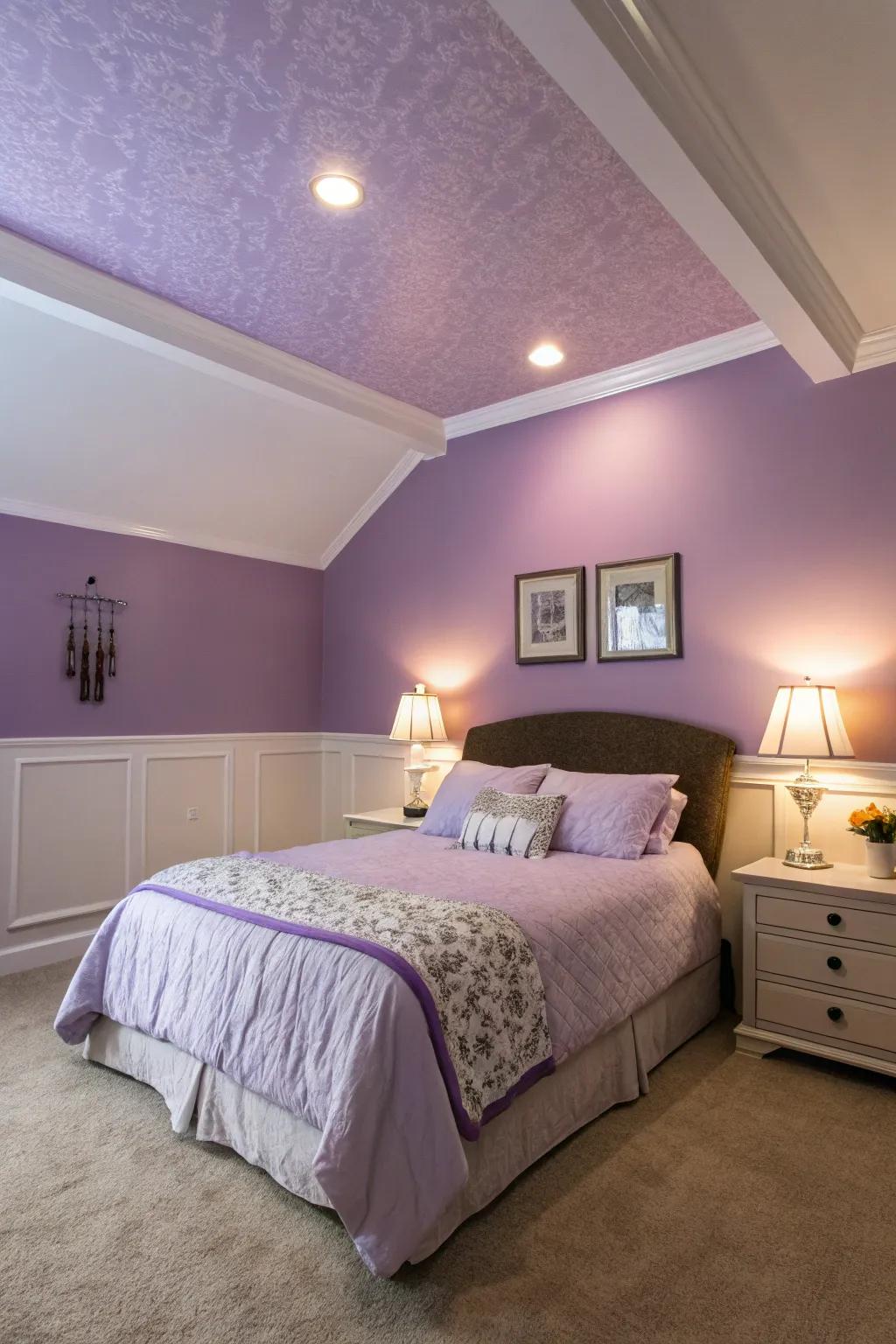 Ultimate relaxation achieved with muted lilac walls and ceiling.