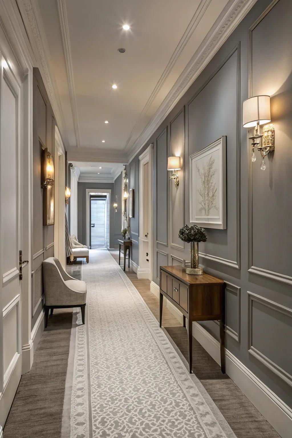 Hallway adorned with a sophisticated ton sur ton wall design.