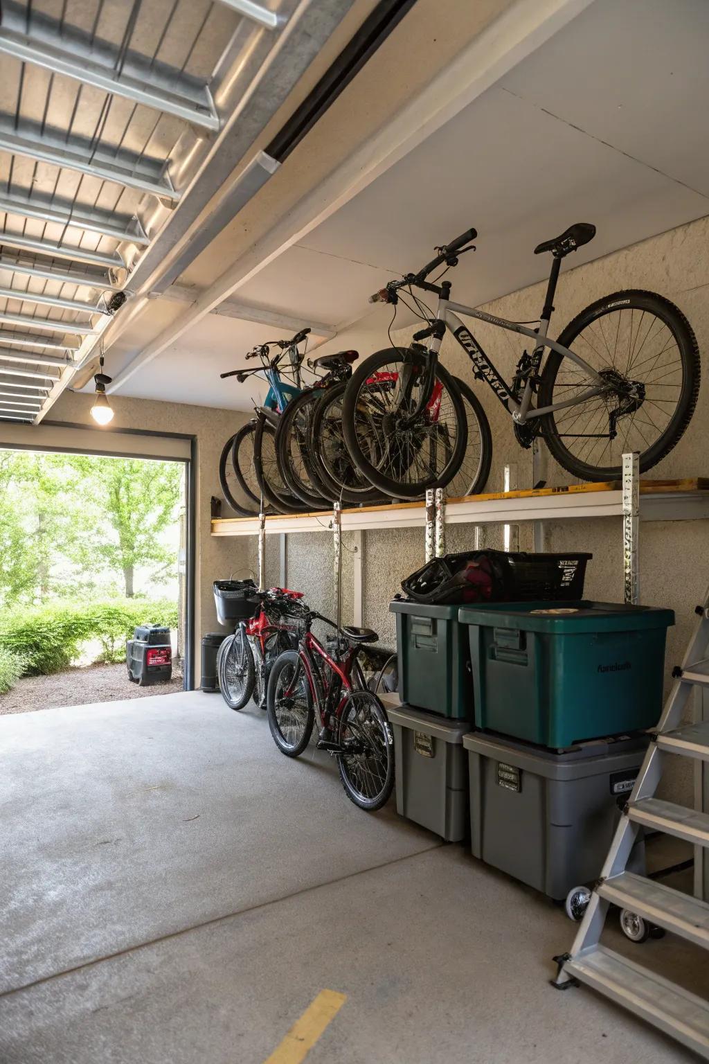 Overhead mounting frames keep items off the ground, effectively utilizing vertical space.