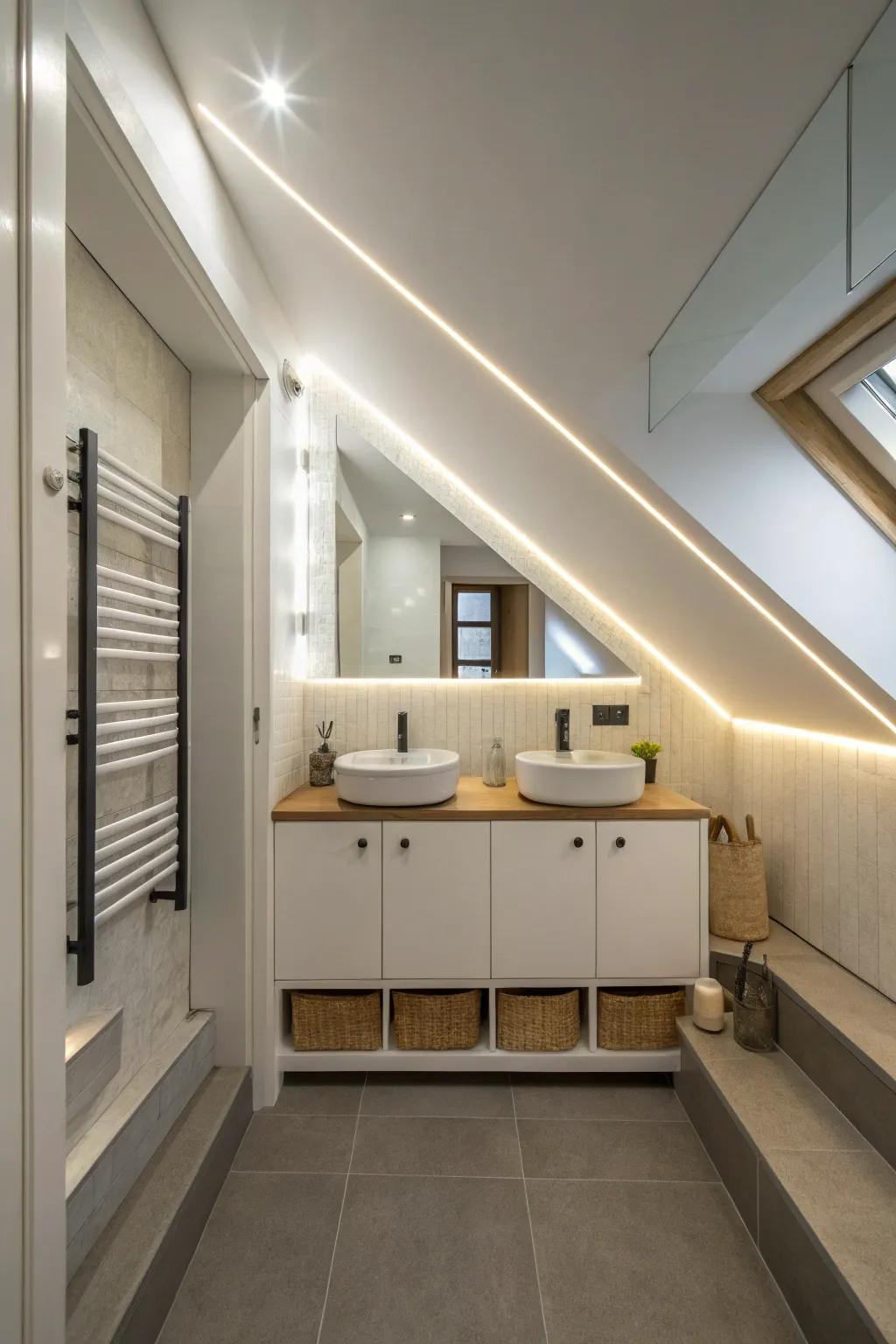 A below-stairs washroom illuminated with LED strip illumination for a modern touch.