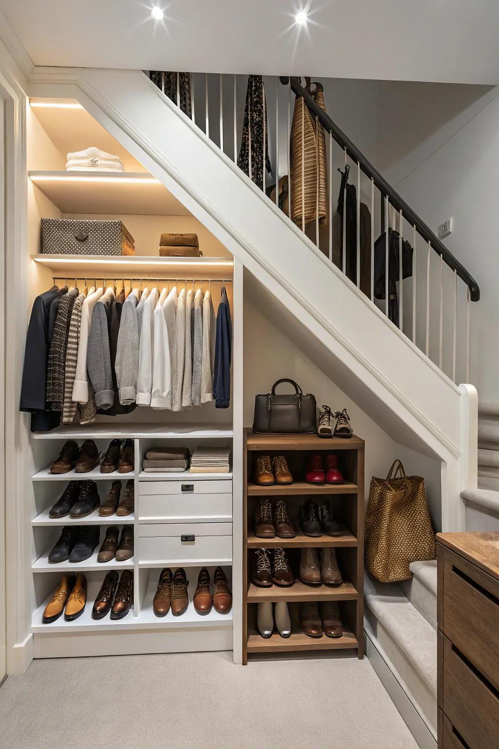 A fashionable and practical closet under the stairs.