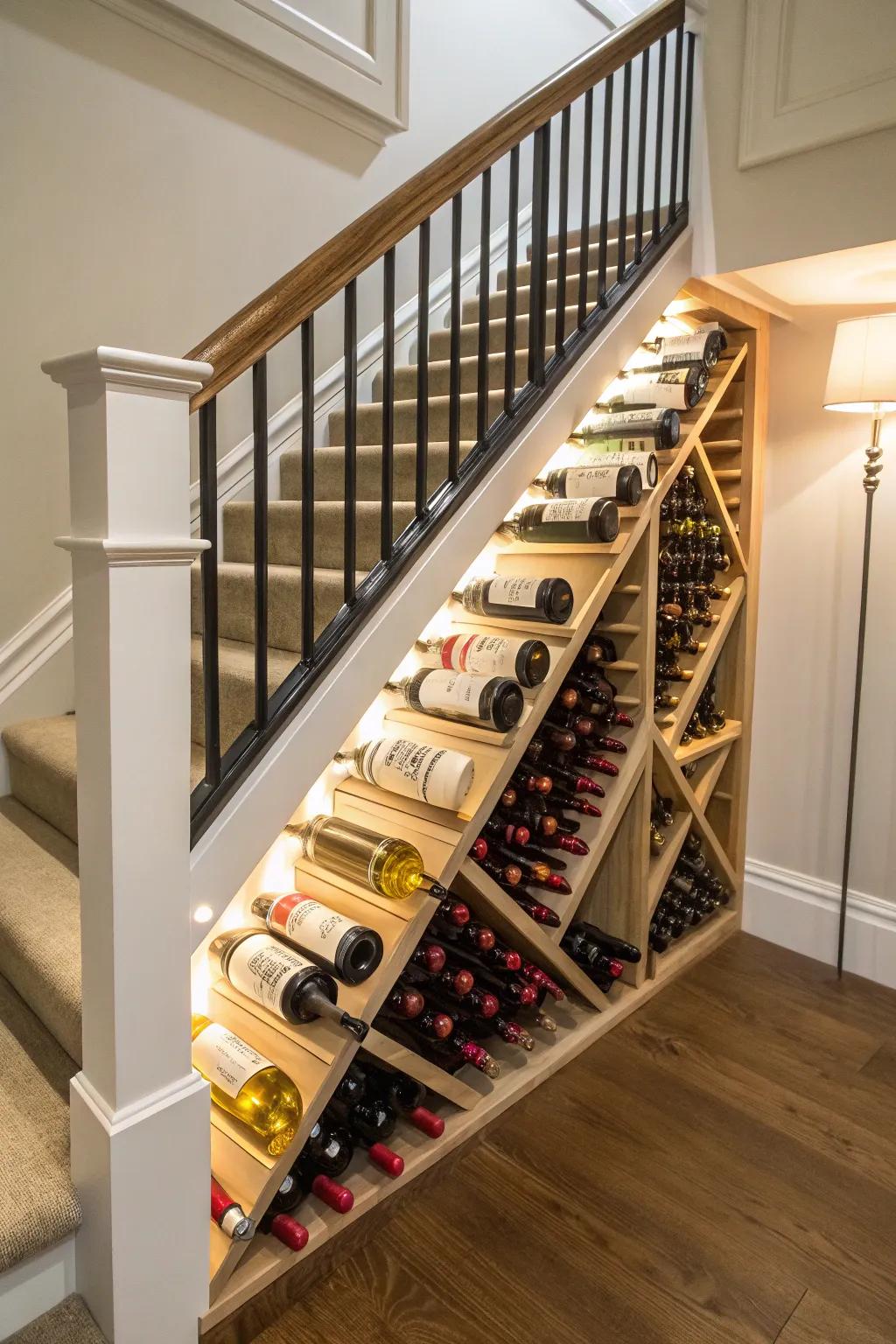 Sophisticated wine storage beneath the staircase exudes both practicality and elegance.