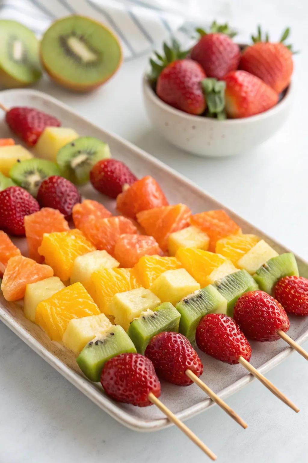 Colorful and healthy rainbow fruit skewers for a unicorn party.