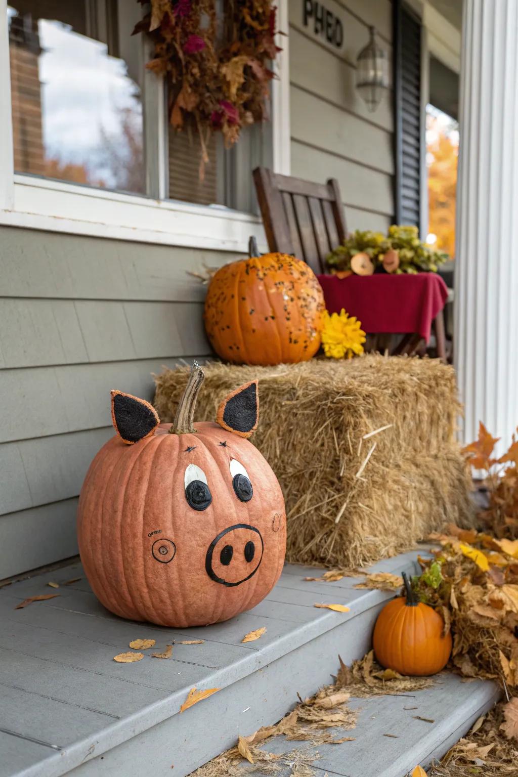 A pumpkin cleverly crafted to resemble a pig, replete with ears and snout.