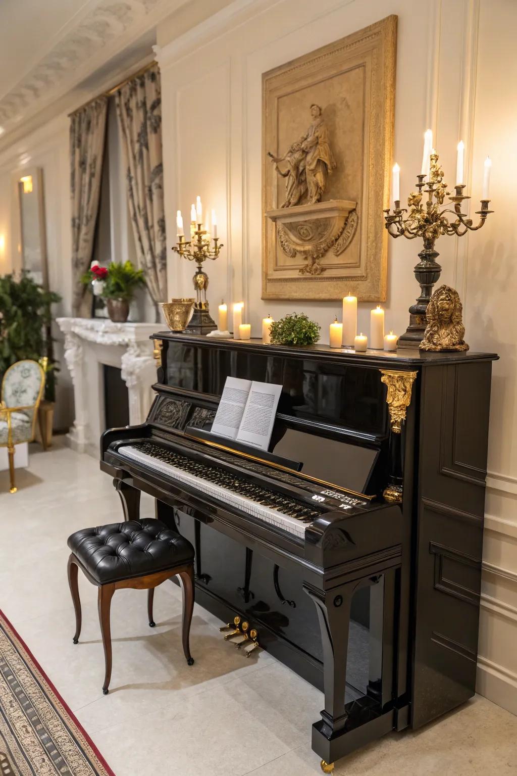 An elegant setting showcasing an upright piano embellished with sculptures and candles.