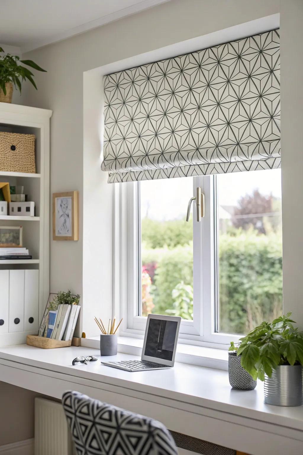 A window adorned with a geometric pattern valance in a contemporary home office.