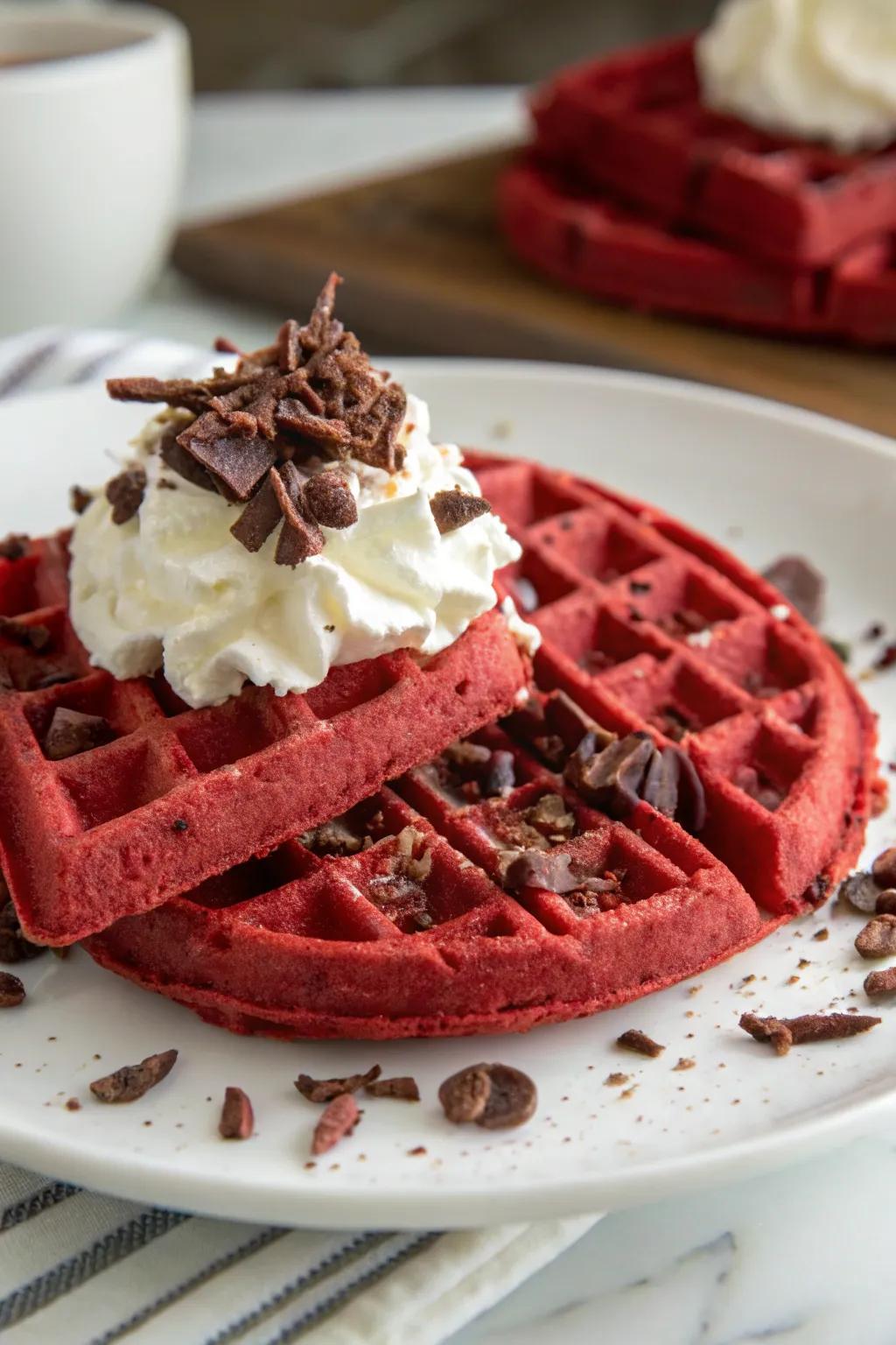 Exquisite crimson velvet waffles accompanied by whipped topping and cocoa.
