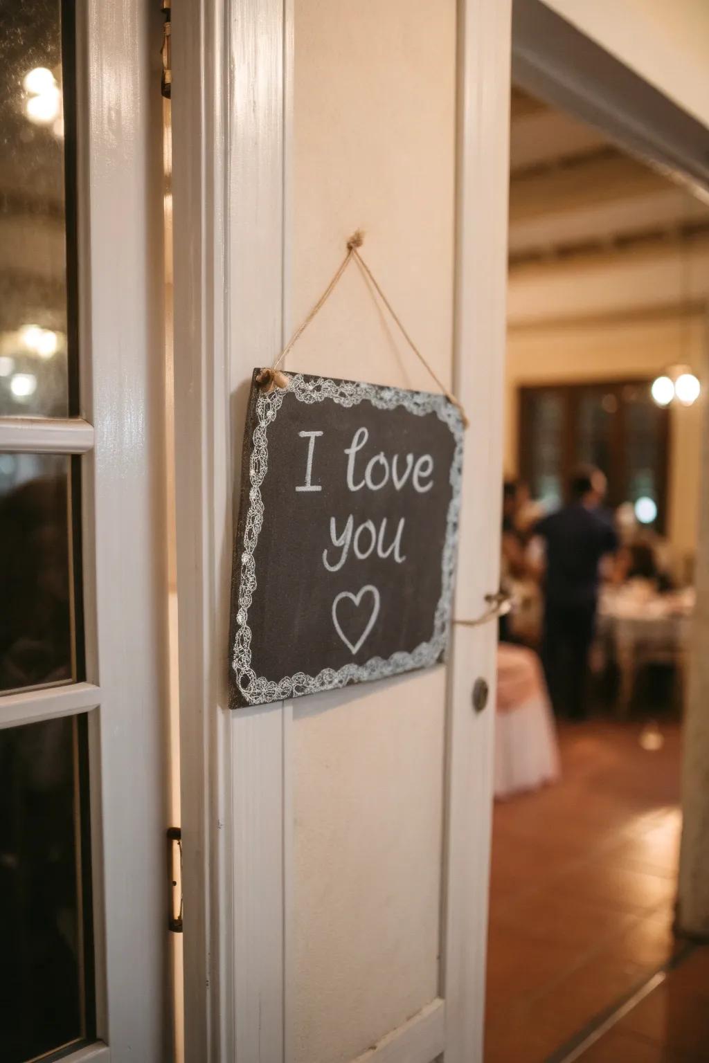 A slateboard sentiment contributes a customizable element to your Valentine's decor.