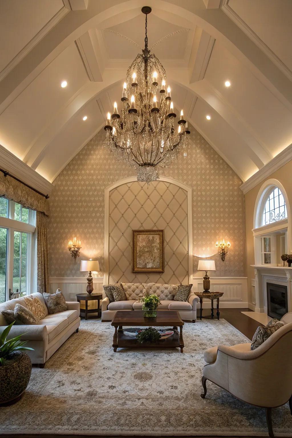 Living room featuring a vaulted ceiling and a pendant fixture highlighting the wall