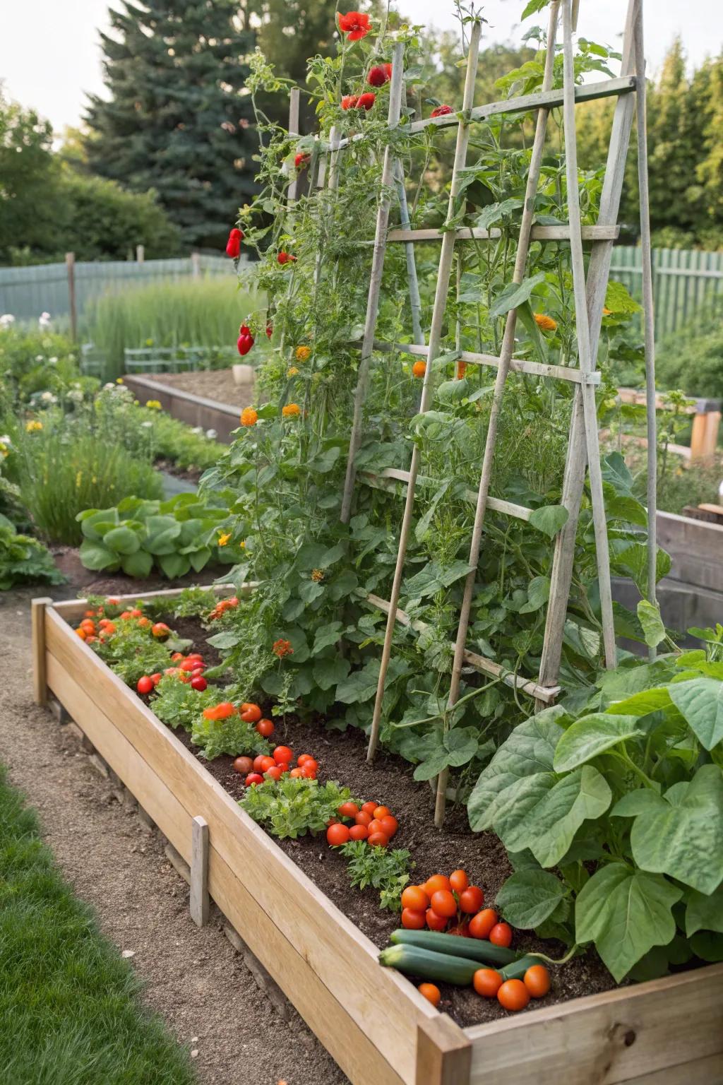 Maintain garden organization through raised beds and trellises.