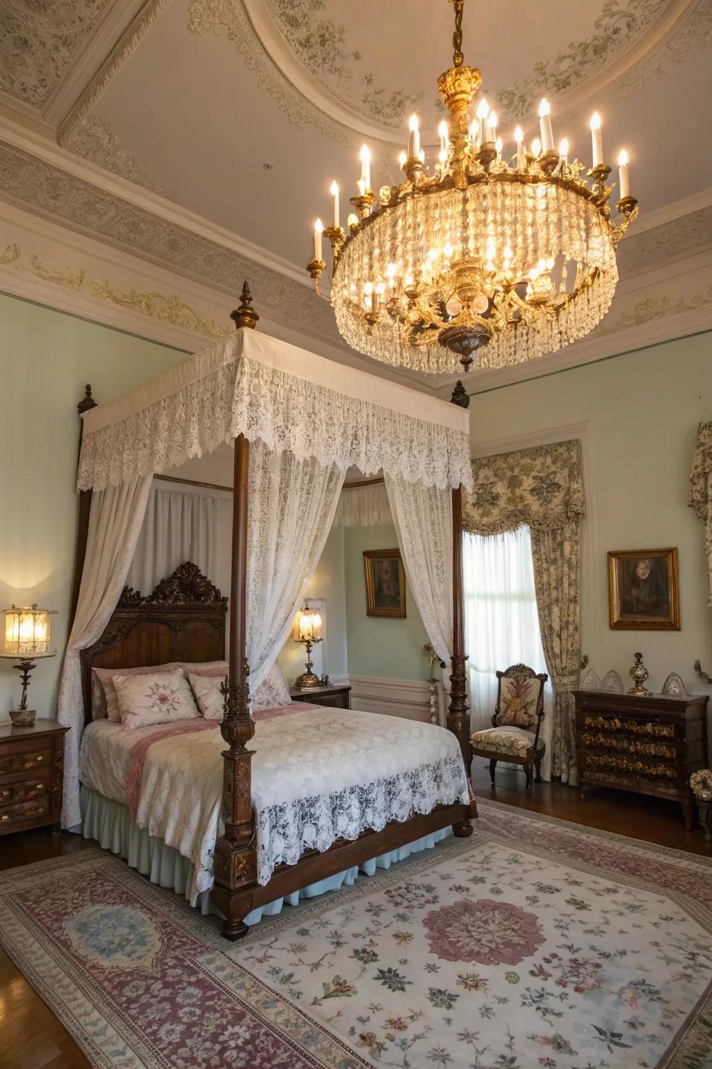 A striking chandelier anchors the Victorian elegance.