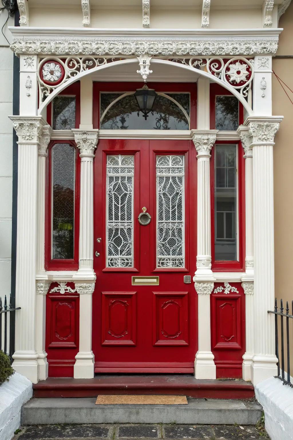 Striking red color makes this Victorian door stand out.