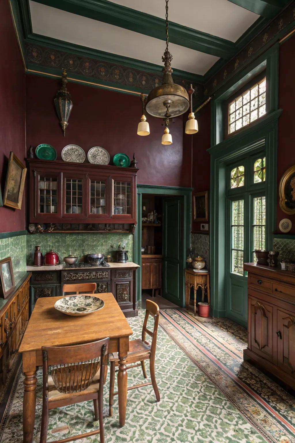 Vibrant era-inspired shades fashion a welcoming and cozy Victorian cooking area.