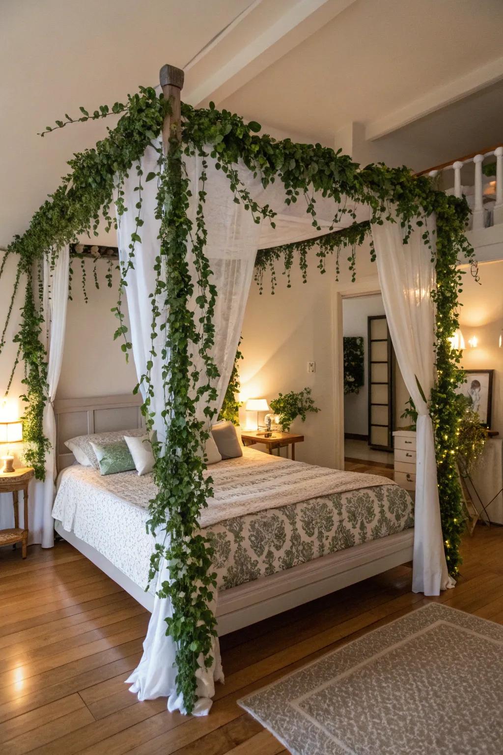 Transform your bedroom with a canopy bed embellished with botanical strands.