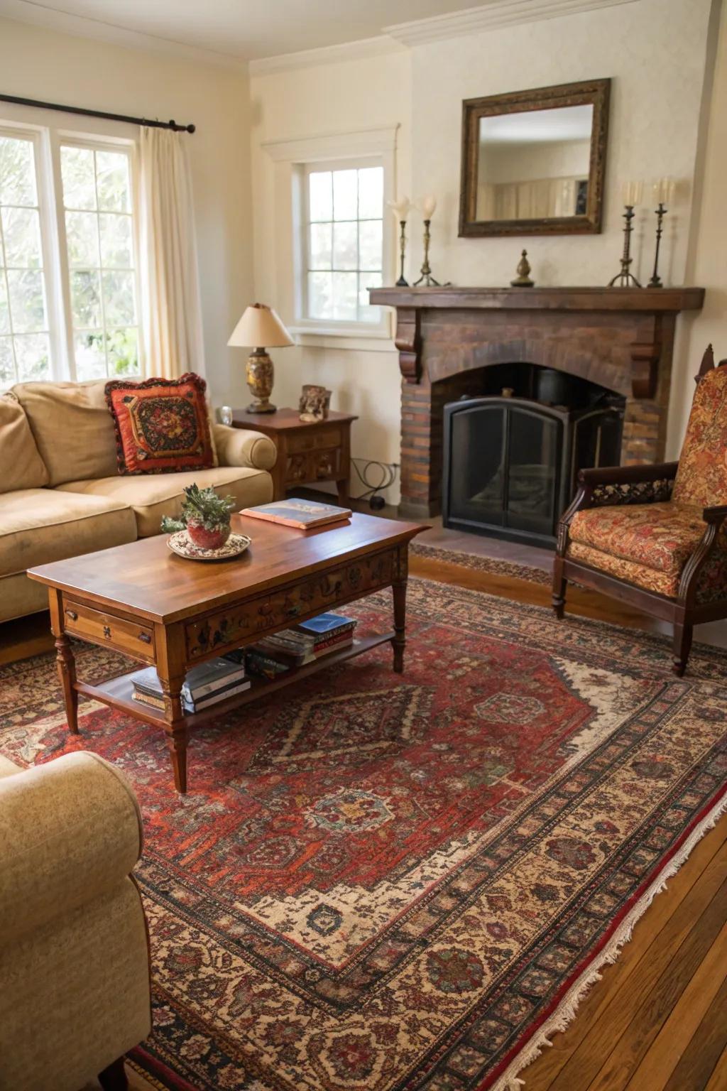 A cozy living room, beautifully appointed with a Persian rug and vintage furnishings.