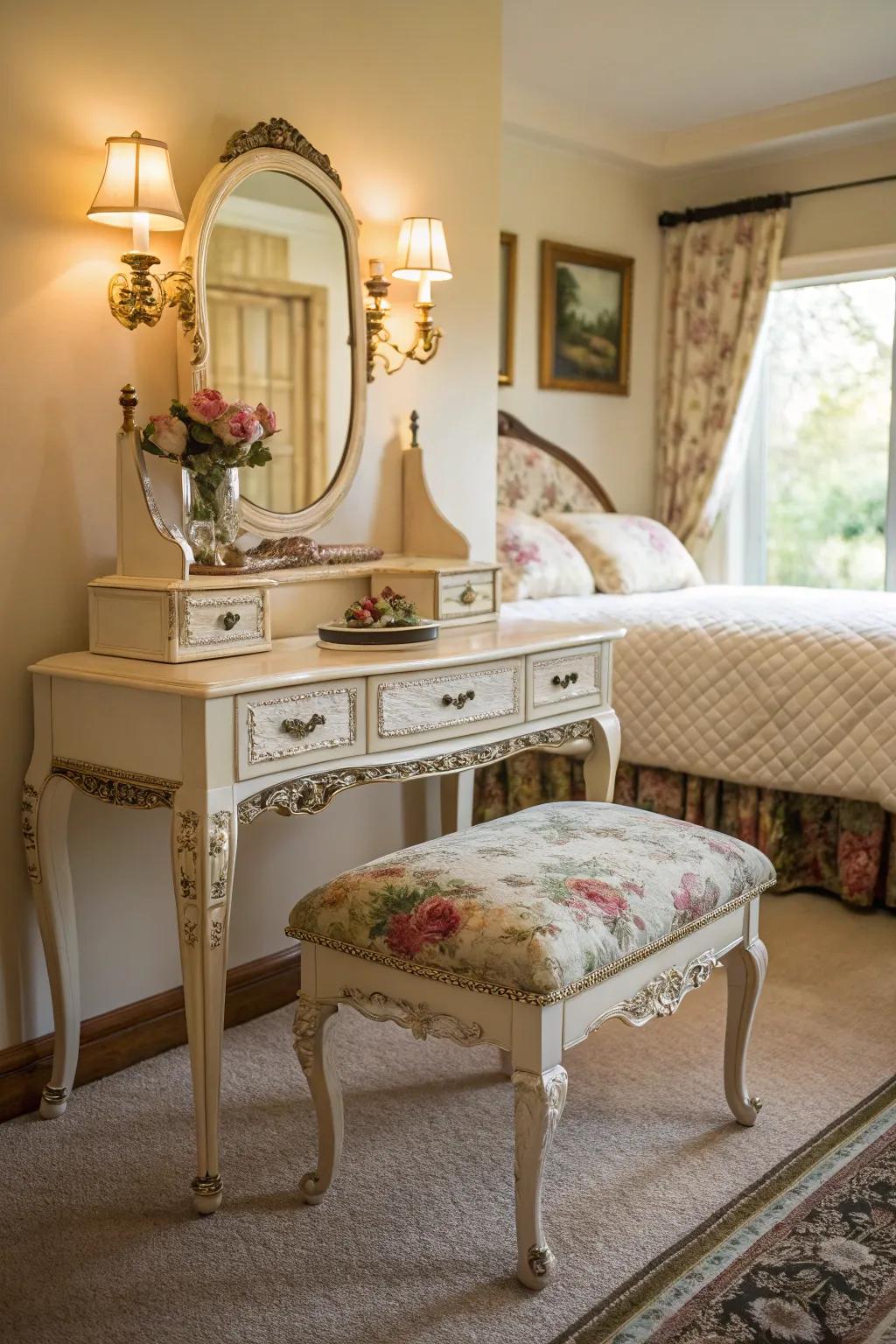Flowered upholstery contributes a wistful flair to antique dressing tables.