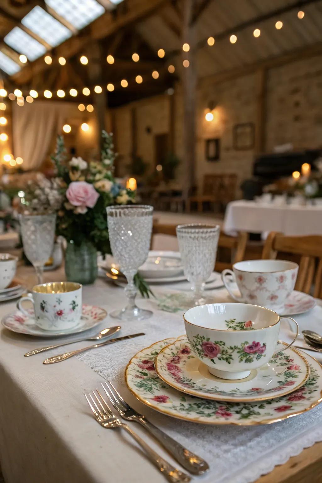 A dining table decorated with a collection of mismatched heritage dishware.