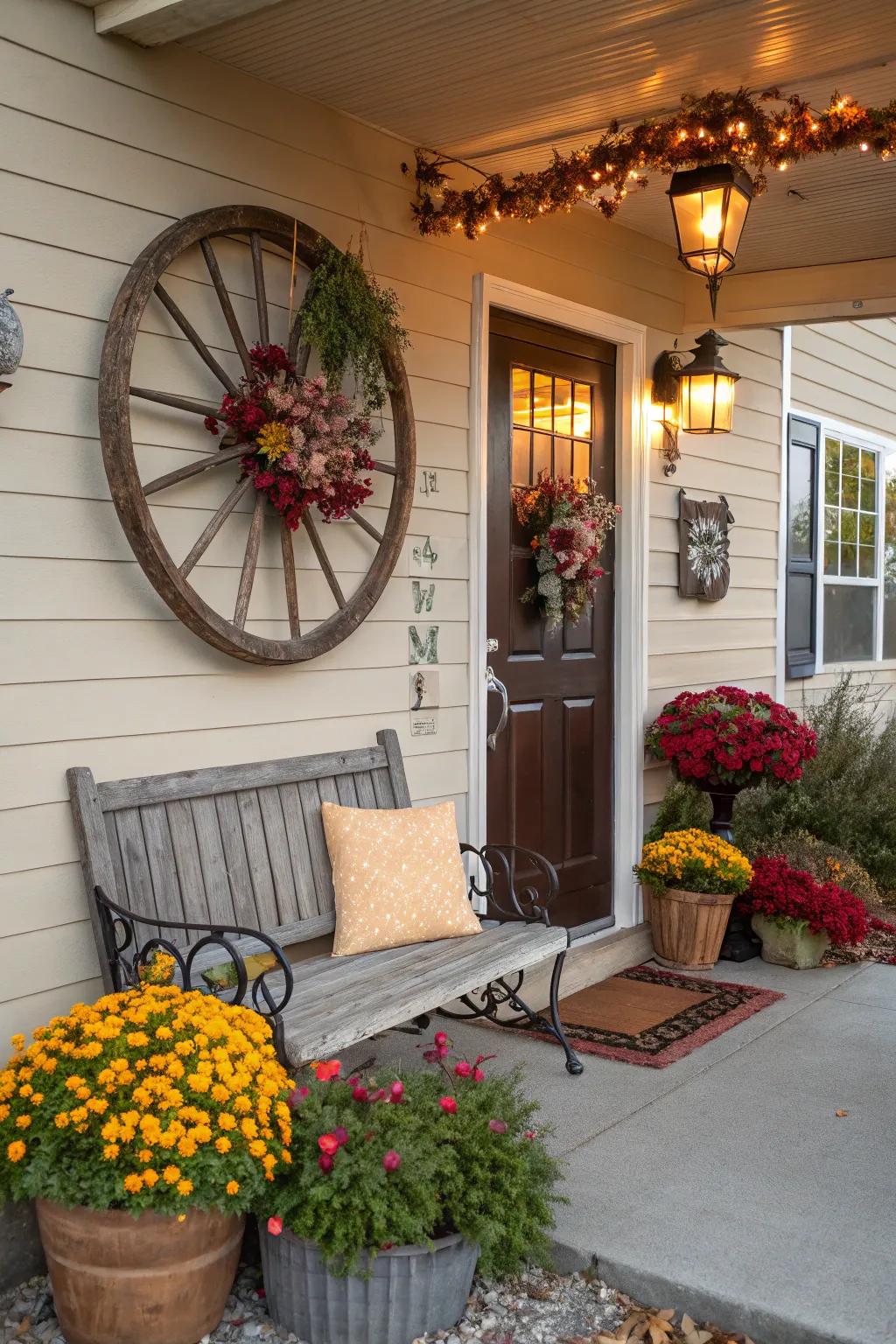 A cartwheel integrates a hospitable impression to this captivating foyer.
