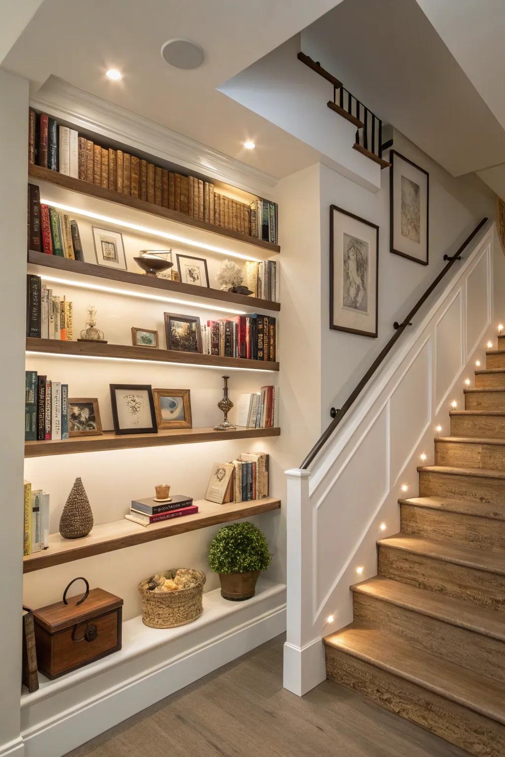 Floating ledges optimize the prospects of your staircase wall.