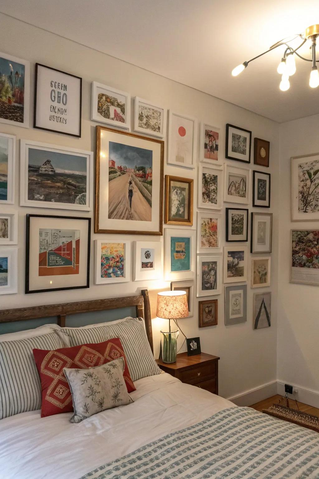 Wall arrangements present a lively and personalized art exhibit in your bedroom.