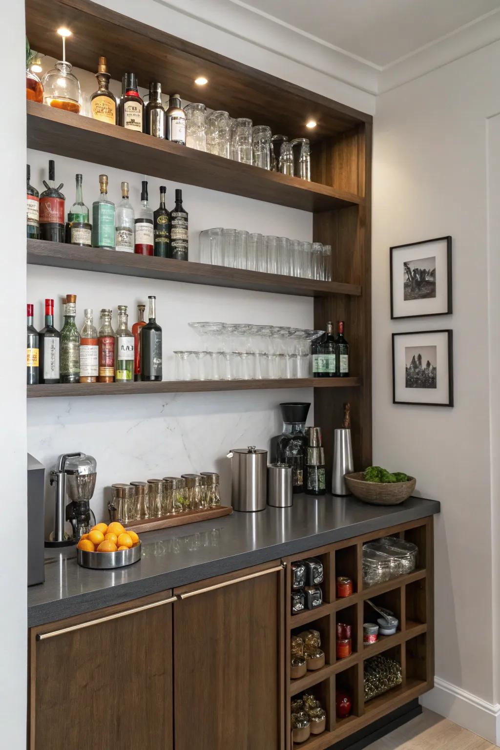 A compact bar recess maximizes expanse while extending all the essentials.