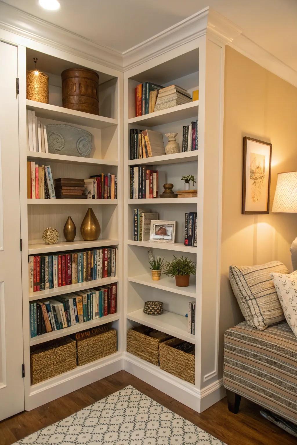 Corner shelves optimize the storage potential within constricted zones, thereby averting clutter.