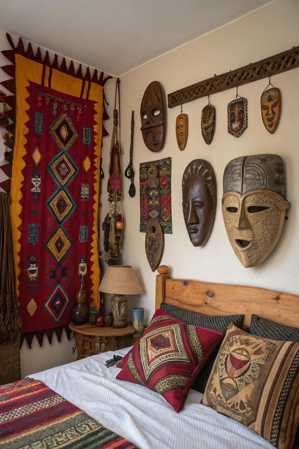 Cultural pieces inject a personalized and artistic attribute to the bedroom.