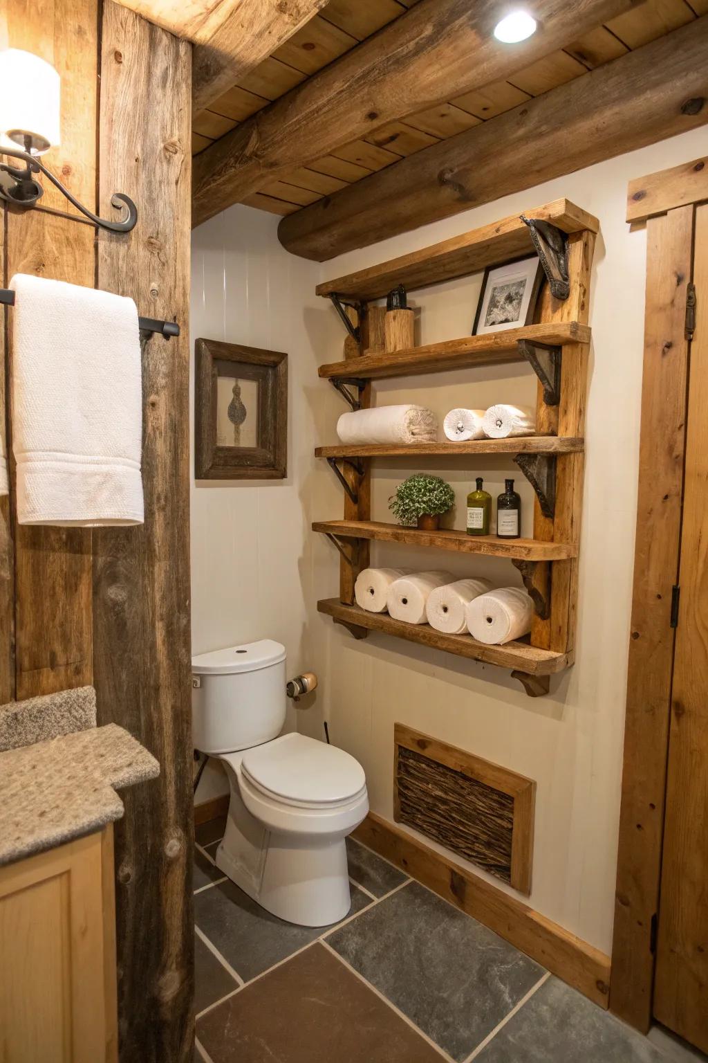 Imbue rustic cordiality with lumber paper storage.