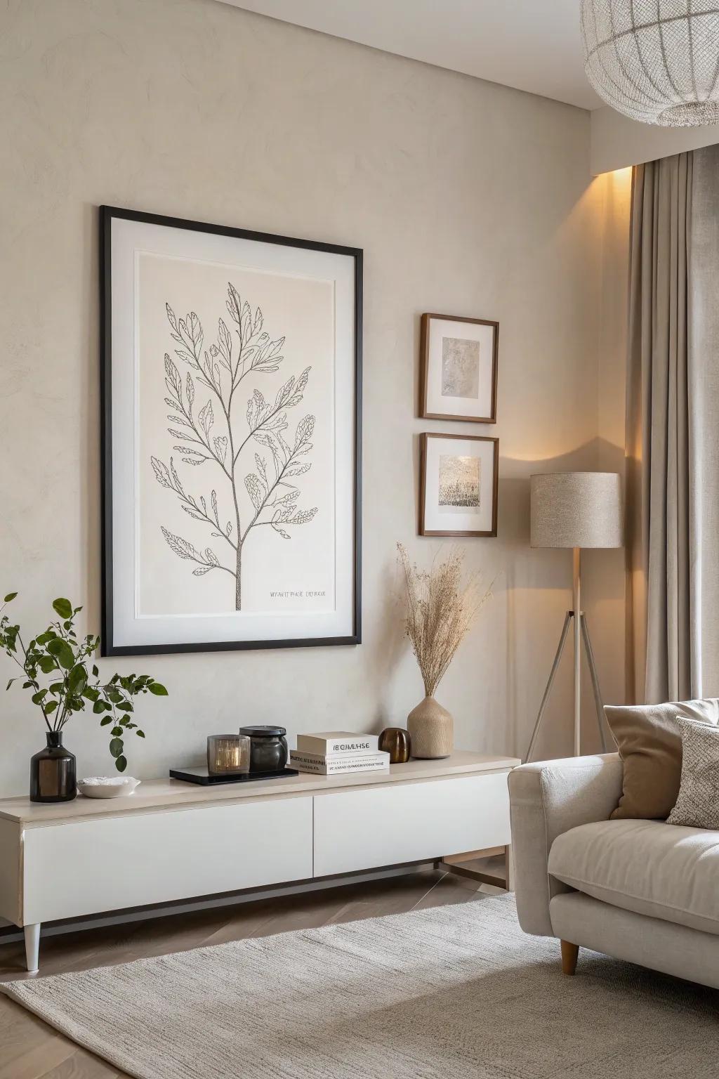 Minimalist artworks contribute an air of subtle sophistication.