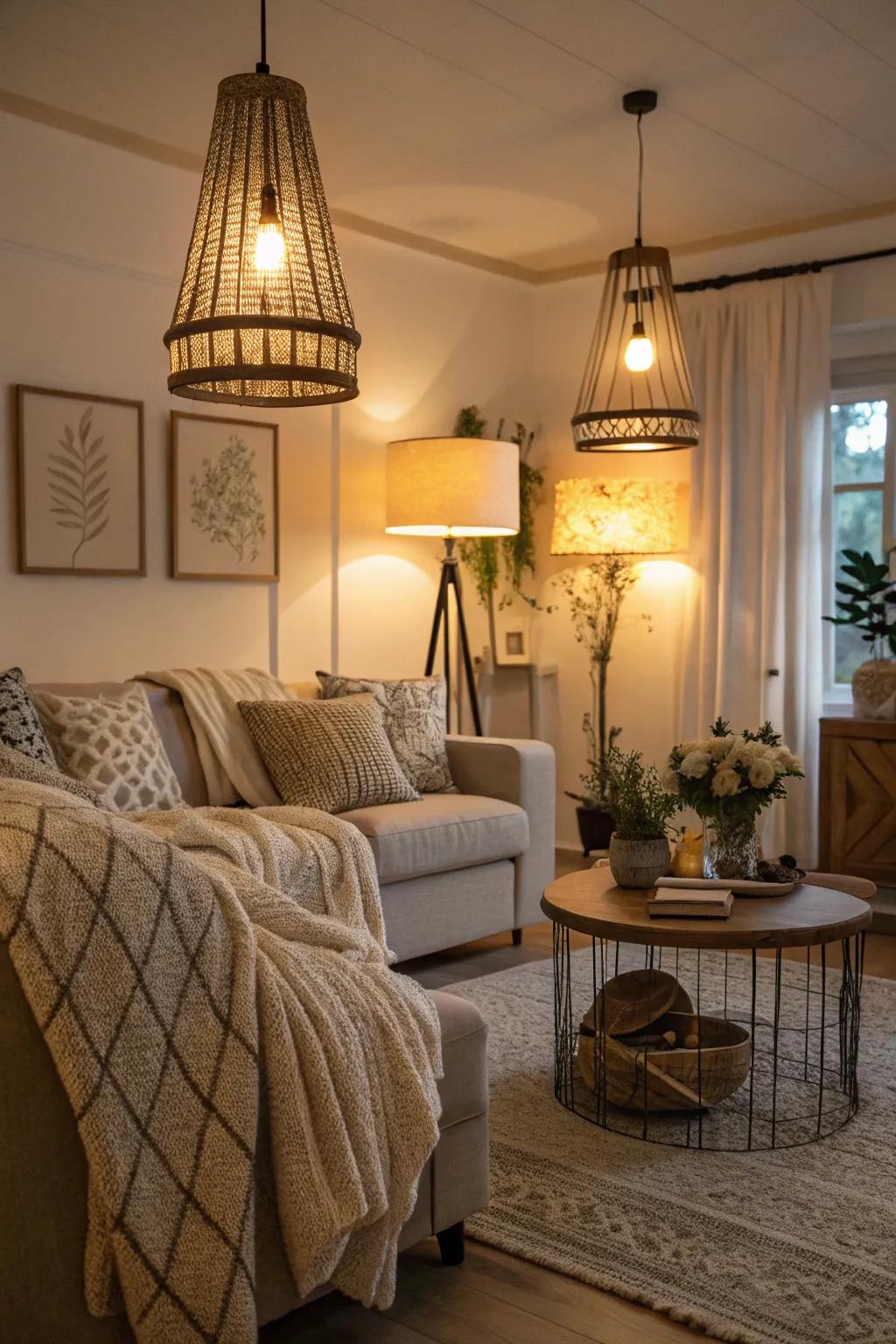 Comforting illumination enhances the inviting sensation of a neutral living room.