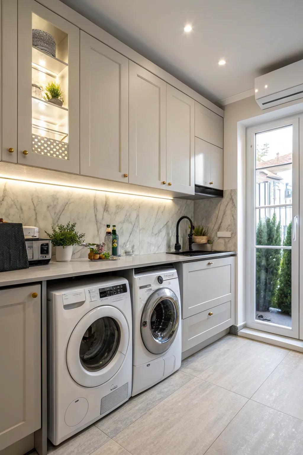 A Euro-style kitchen showcasing a space-maximizing combination washer-dryer.