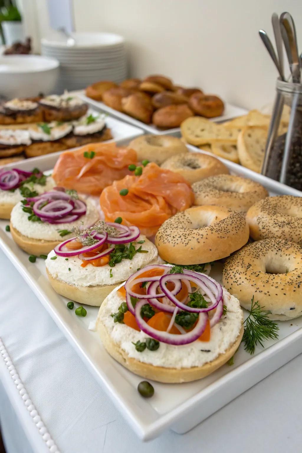A creative bagel station showcasing an array of spreads and garnishes for the enjoyment of wedding participants.